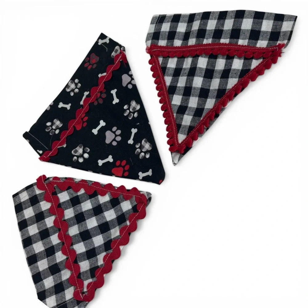 Set of 3 Handmade Dog Bandanas Over the Collar Buffalo Plaid Paw Print Red Trim